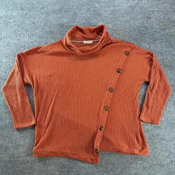 retrology Tops - Retrology Womens 1X Rust Orange Ribbed Cowl Neck Asymmetrical Button Top Cottage